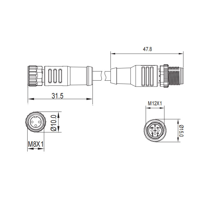 M8转M12 3Pin M8母头直型转M12公头直型、双端预铸PVC非柔性电缆、灰色护套、63D203-XXX