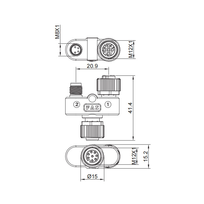 M12 8Pin female/M12 4Pin female D-coded+M8 4Pin male、Y-connector、 648D41