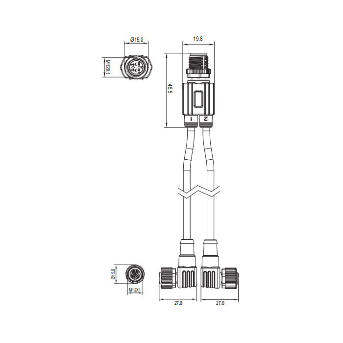 M12 4Pin male/2M12 3Pin female 90° 3Pin 、With LED lights、Y-shaped precast PVC non-flexible cable、Gray sheath、64D443-XXX