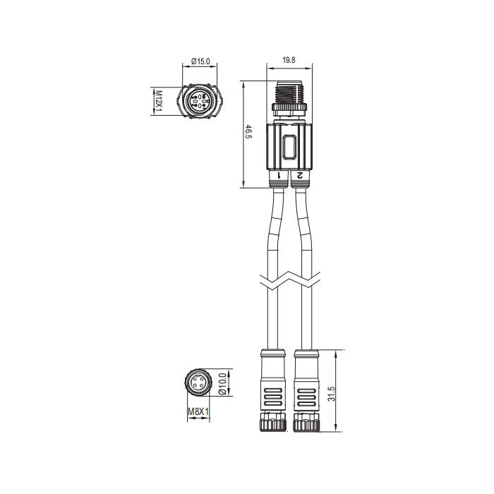 M12 4Pin公头/2M8 4Pin母头、Y型预铸PVC非柔性电缆、灰色护套、64D427-XXX