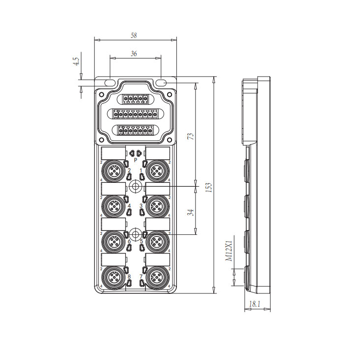 M12分线盒、双通道、NPN、8端口分体式、带LED、PCB端子、24N80N