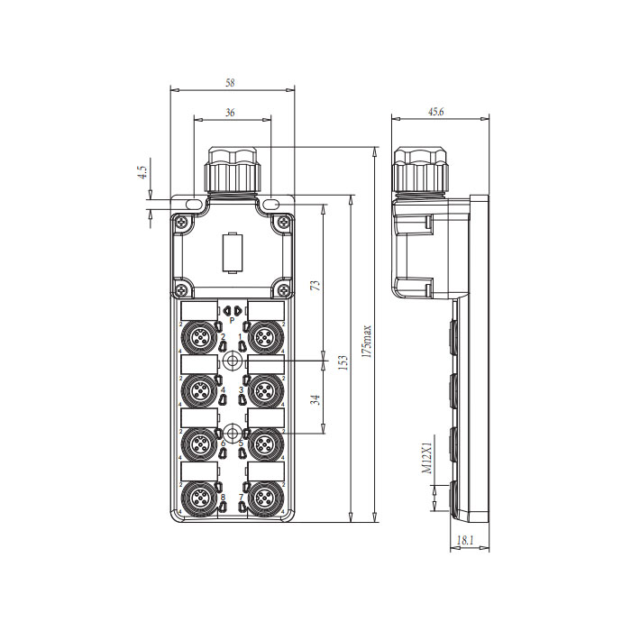 M12分线盒、双通道、PNP、8端口一体式、带LED、PCB端子带插头、24P8SN