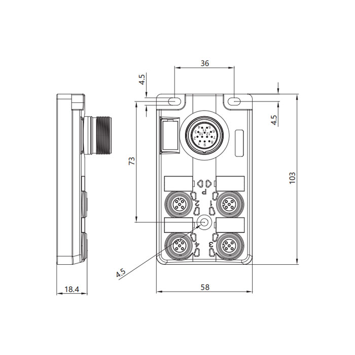 M12分线盒、单通道、Without LED、4端口分体式、M23集成接口基座、24W4CT