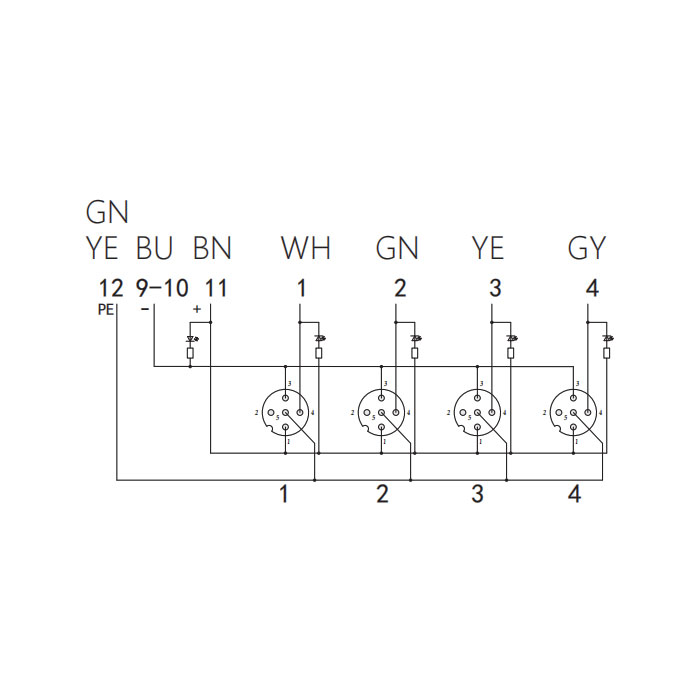 M12 single channel、NPN、4 port、With LED、M23 integrated interface base、Split type、24N4CT