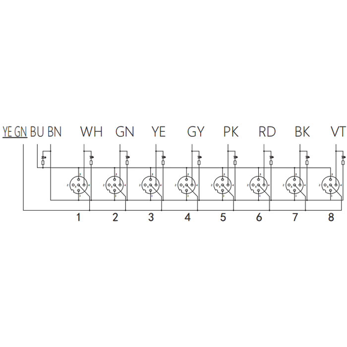 M12 single channel、NPN、8 port、With LED、PUR flexible cable, black sheath、All-in-one、24N801-XXX