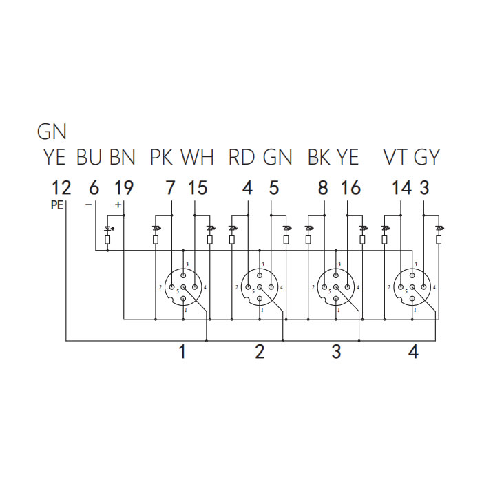 M12 dual channel、NPN、4 port、With LED、M23 integrated interface base、Split type、24N4LT