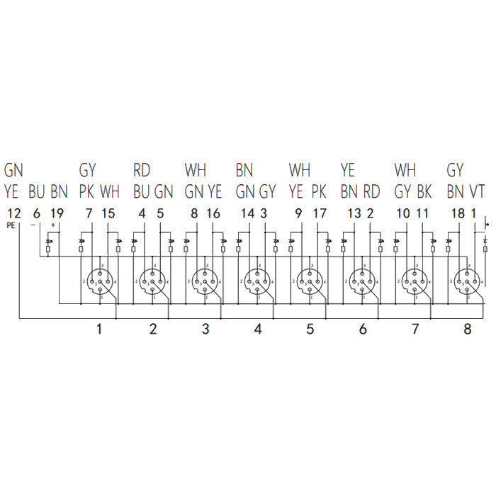 M12 dual channel、NPN、8 port、With LED、M23 integrated interface base、Split type、24N8LT