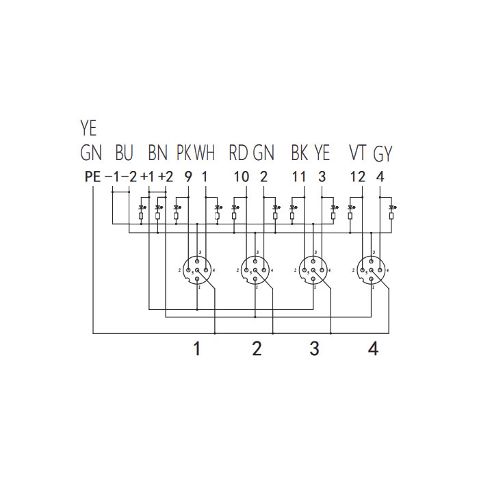 M12 dual channel、PNP、4 port、With LED、PCB terminal with plug、Split type、24P4SG