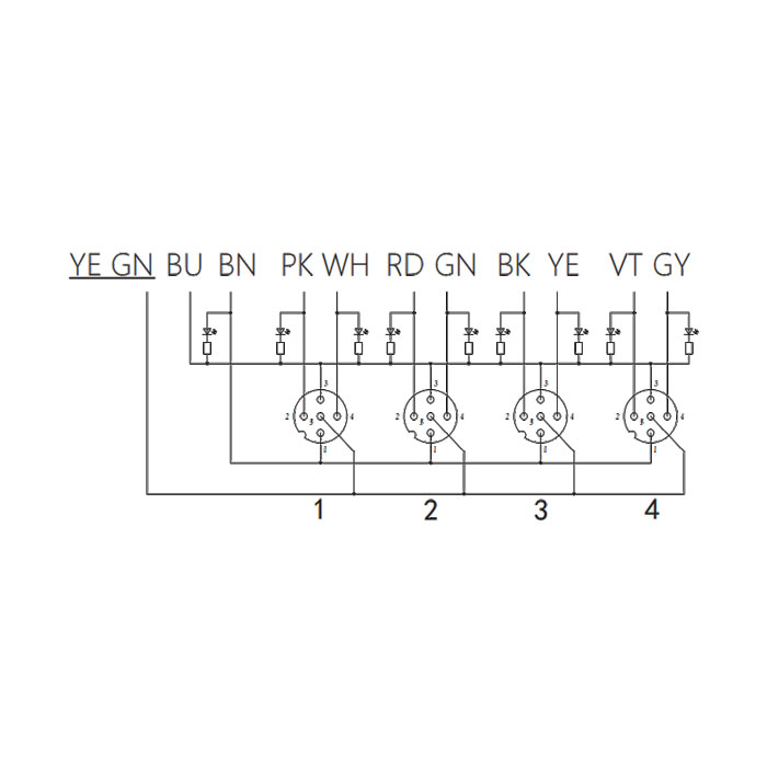 M12 dual channel、PNP、4 port、With LED、PVC non-flexible cable, grey sheath、All-in-one、24P461-XXX