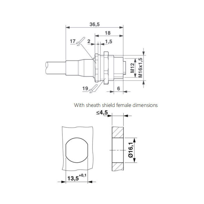 M12 4Pin、Female、Flanged connector、Board rear mount、Pre cast PVC non flexible cable、shield、Gray sheath、64SB45-XXX