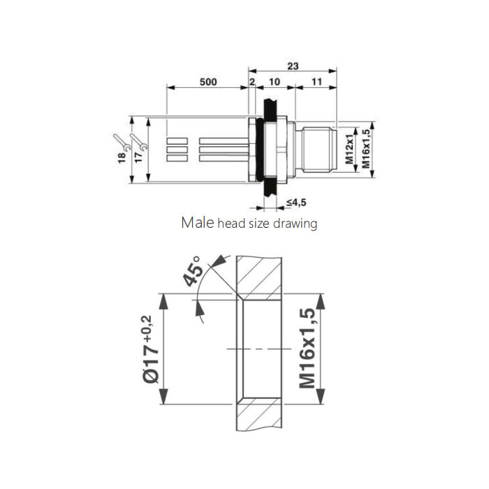 M12 12Pin、Male、Flanged connector、Board rear mount、Pre cast UL electronic cable、64SC81-XXX