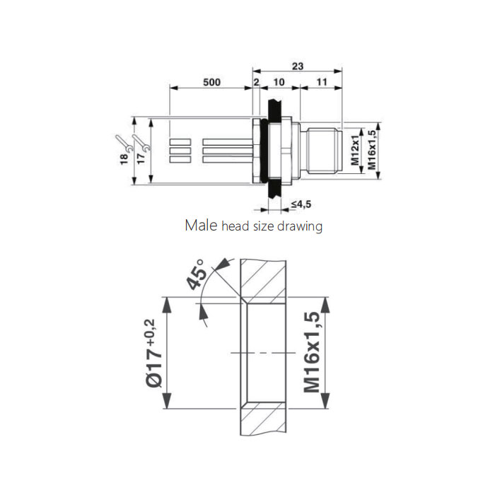 M12 5Pin、Male、Flanged connector、Board rear mount、Pre cast UL electronic cable、64SC01-XXX