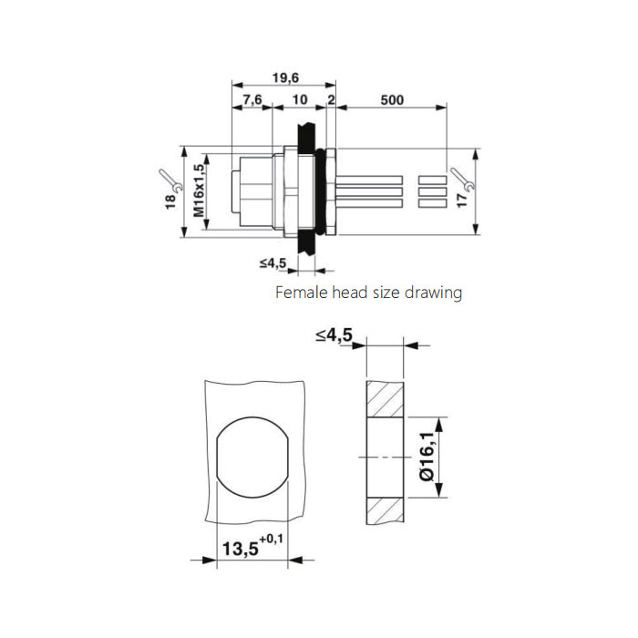 M12 12Pin、Female、Flanged connector、Board rear mount、Pre cast UL electronic cable、64SC61-XXX