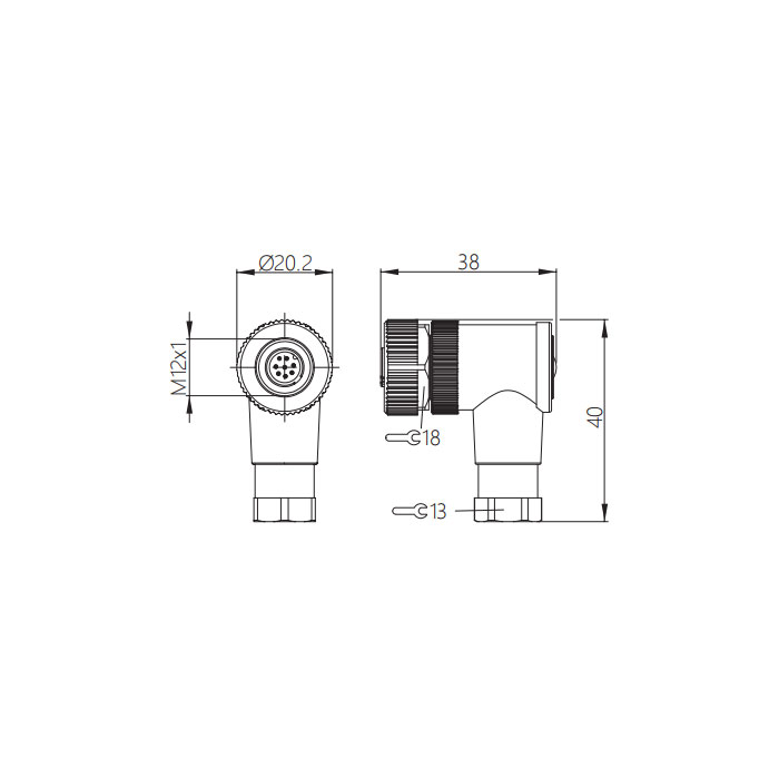 M12 8 Pin、female 90°、Screw connection、64F401