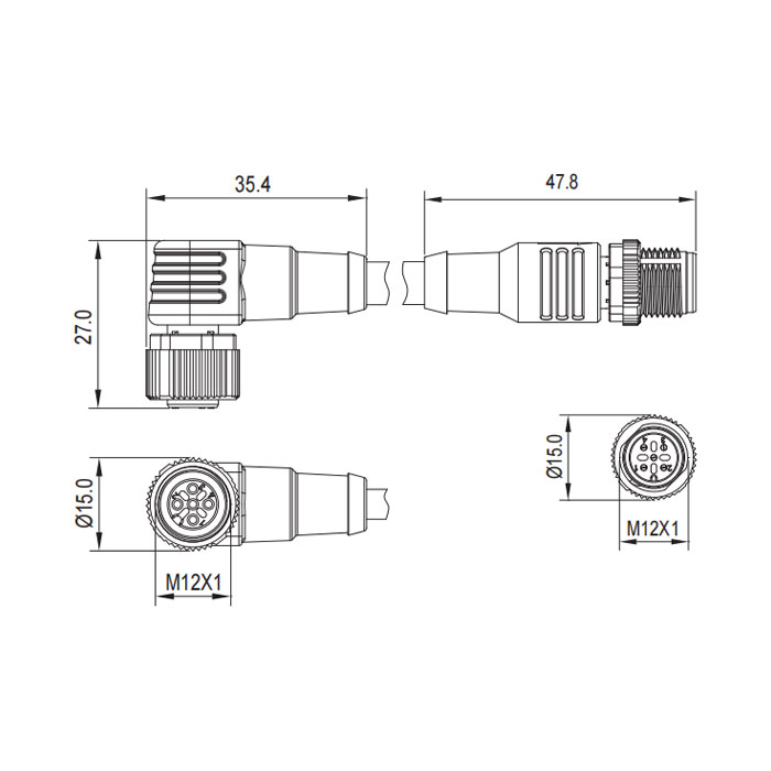 M12 5Pin 母头90°转公头直型、双端预铸PUR柔性电缆、黄色护套、64T551-XXX