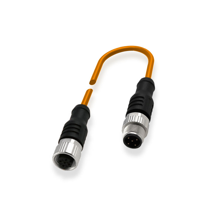 M12 5Pin 母头直型转公头直型、双端预铸PUR柔性电缆、橙色护套、64T533-XXX