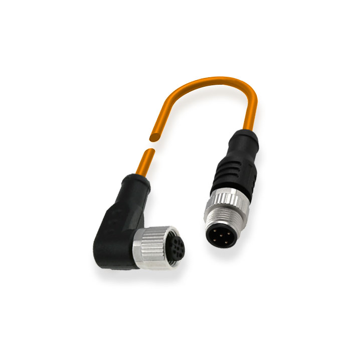 M12 5Pin 母头90°转公头直型、双端预铸PUR柔性电缆、橙色护套、64T553-XXX