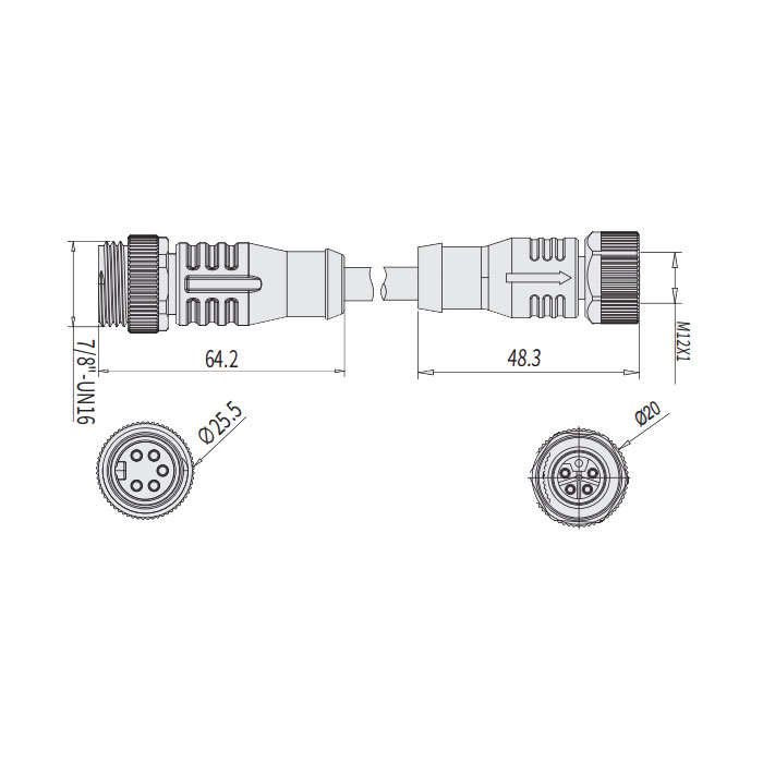 M12 5Pin straight female 、L-coded/ 7/8” 5Pin male straight、A-coded、Double-ended precast PUR flexible cable、Black sheath、64L785-XXX