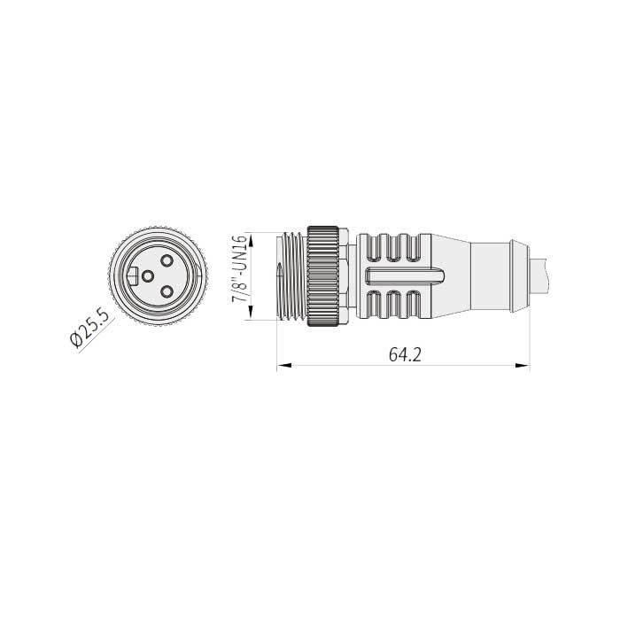 7/8”3Pin、Male straight、Single end molding PUR flexible cable、Black sheathed、0PI385-XXX