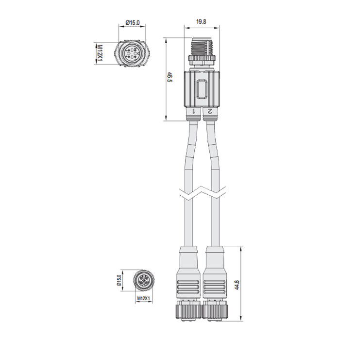 M12 4Pin male/2xM12 3Pin female straight、Y type plug、Molding anti welding slag PUR flexible cable、Orange sheath、64T163-XXX