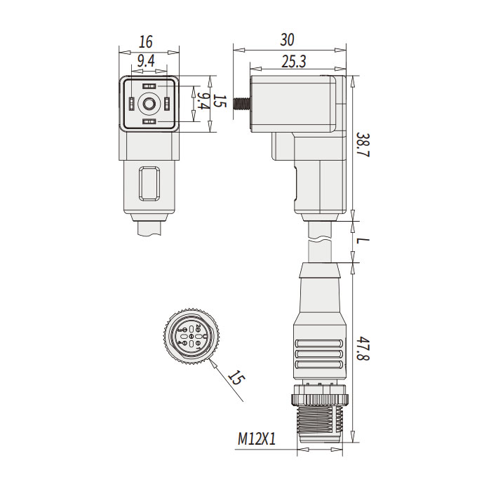 Valve plug type C、 Industrial, 9.4 mm、4Pin/M12 male straight、Double-ended precast PVC non-flexible cable、 Gray sheath、6VC063-XXX