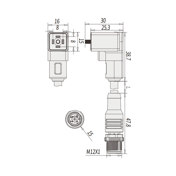 Valve plug type C, DIN, 8mm, 4Pin/M12 male straight、Double-ended pre-cast PVC non-flexible cable、Gray sheath、6VC023-XXX