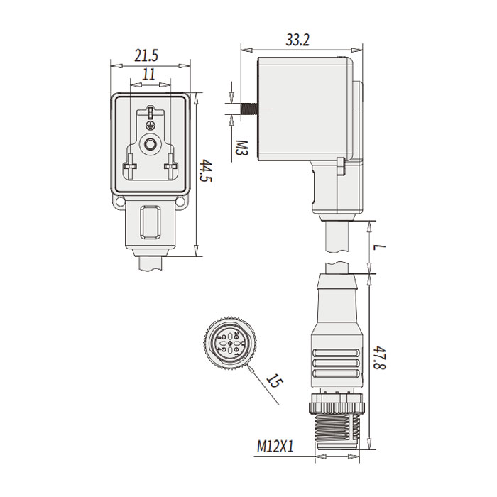 Valve plug type B、 Industrial, 11 mm、3Pin/M12 male straight、Double-ended precast PVC non-flexible cable、 Gray sheath、6VB143-XXX