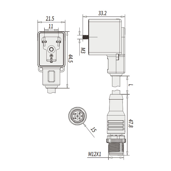 Valve plug type B、 Industrial, 11 mm、3Pin/M12 male straight、Double-ended precast PVC non-flexible cable、 Gray sheath、6VB123-XXX