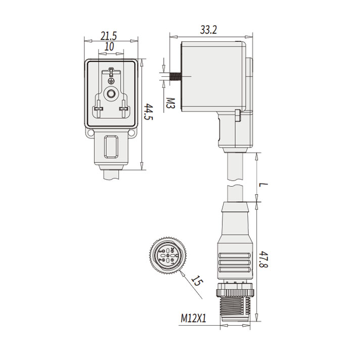 Valve plug type B, DIN, 10mm, 3Pin/M12 male straight、Double-ended pre-cast PVC non-flexible cable、Gray sheath、6VB063-XXX