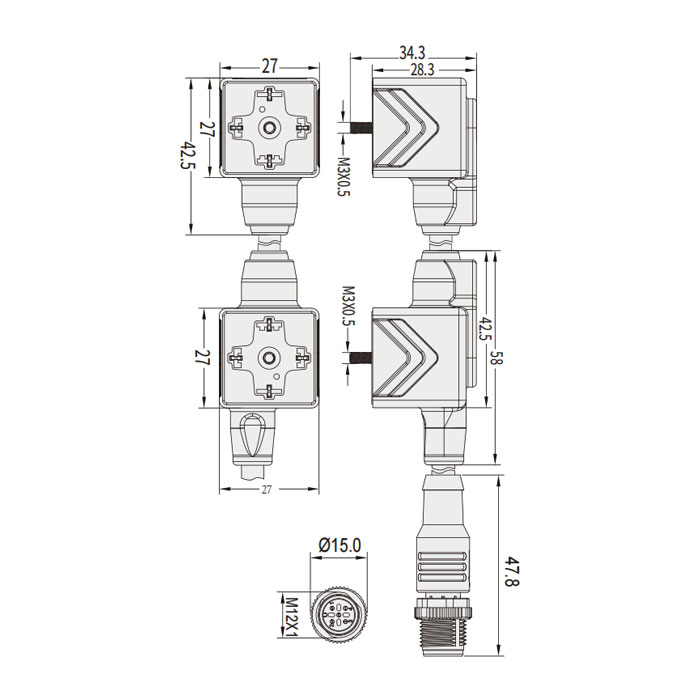 Valve plug type A、DIN, 18 mm, 4Pin/M12 male straight、Double-ended precast PVC non-flexible cable、 Gray sheath、6VA083-L1/L2