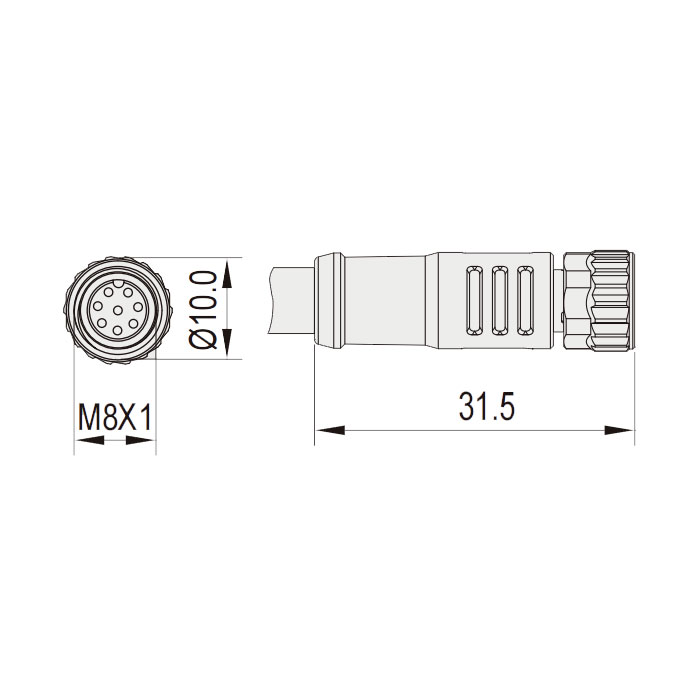 M8 8Pin、Female straight、Single ended precast PUR flexible cable、With shield、Black sheath、63S741-XXX