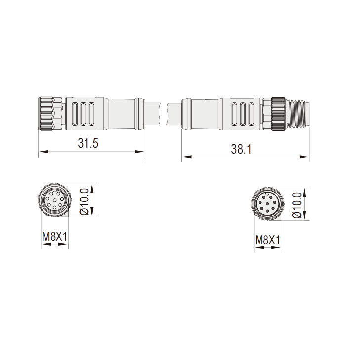 M8 8Pin、female straight/male straight、Double end pre cast PUR flexible cable、With shield、Black sheathed、63DA81-XXX