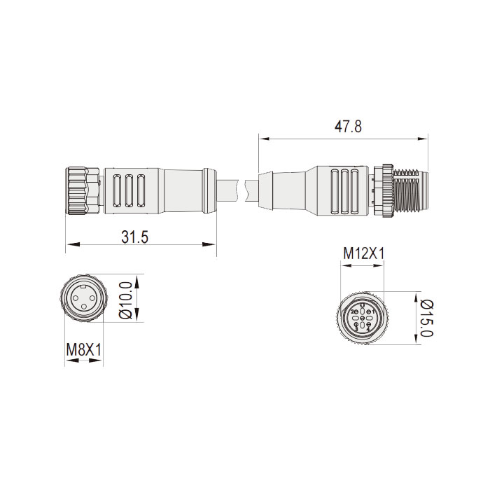 M8 3Pin female straight,With LED light/M12 3Pin male straight、Double-ended precast PVC non-flexible cable、Gray sheath、63D253-XXX