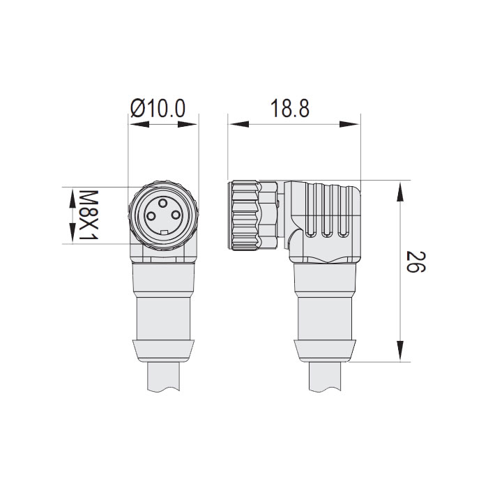 M8 3Pin、Female 90°、Single-ended precast cable、Welding slag resistant PUR material、 Orange sheath、63T021-XXX