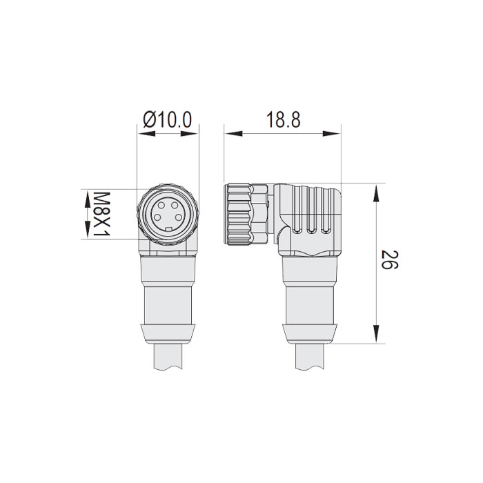 M8 4Pin、Female 90°、Single-ended precast cable、Welding slag resistant PUR material、 Orange sheath、63T061-XXX