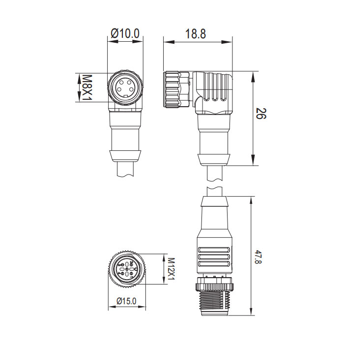 M8 4Pin female 90°/M12 4Pin male straight、Double-ended precast welding slag resistant PUR flexible cable、 Orange sheath、63T281-XXX