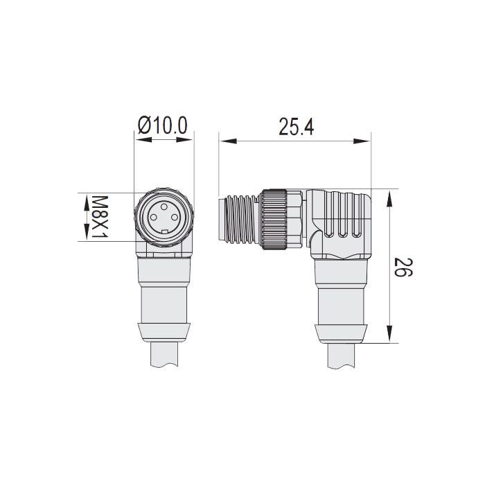 M8 3Pin、Male 90°、Single-ended precast cable、Welding slag resistant PUR material、 Orange sheath、63T541-XXX