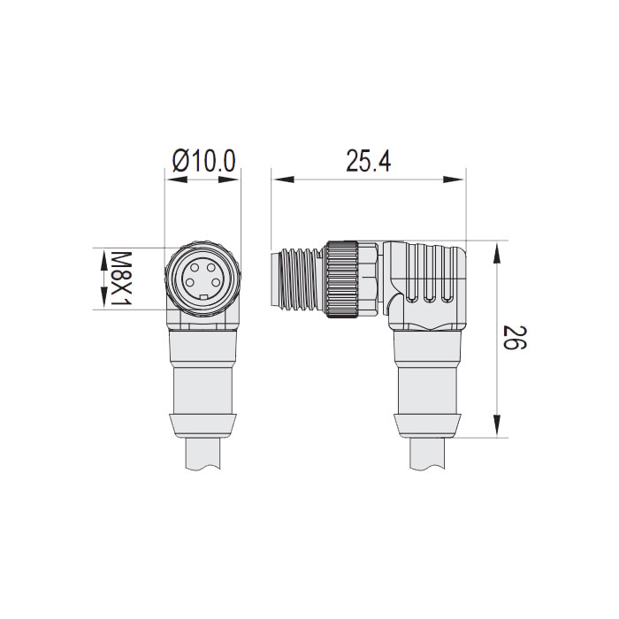 M8 4Pin、Male 90°、Single-ended precast cable、Welding slag resistant PUR material、 Orange sheath、63T581-XXX