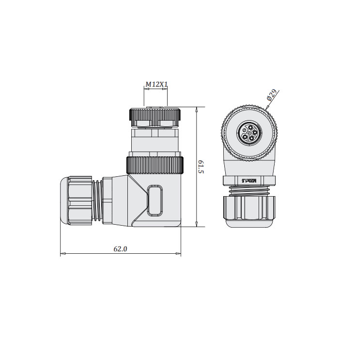 M12 5Pin、L-coded、Female 90°、Screw connection、64L003