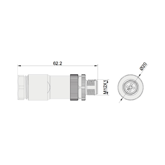 M12 4Pin、T-coded、Male straight、Screw connection、64TS21