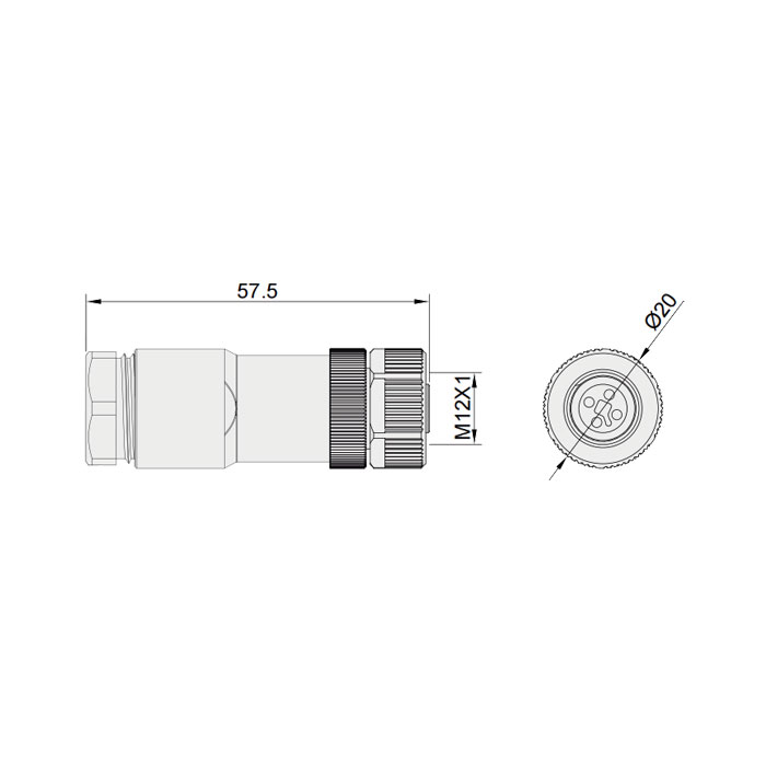 M12 4Pin、T-coded、Female straight、Screw connection、64TS01