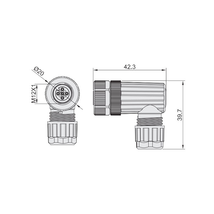 M12 4Pin、Female 90°、Food grade、Screw connection、64F069