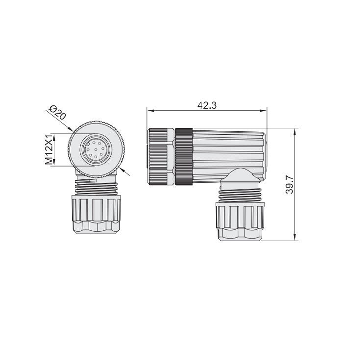 M12 8Pin、Female 90°、Food grade、Screw connection、64F409