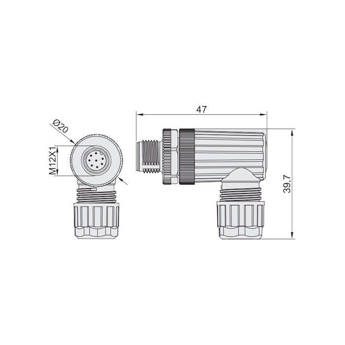 M12 8Pin、Male 90°、Food grade、Screw connection、64F429