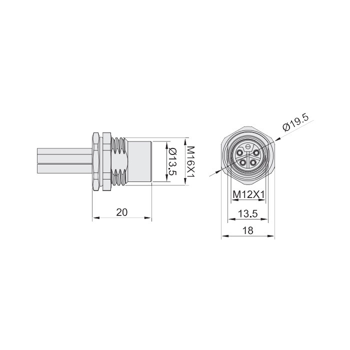 M12 5Pin L-coded、Female straight、Flange socket、Installation behind the board、Precast UL electronic wire、64LB01-XXX