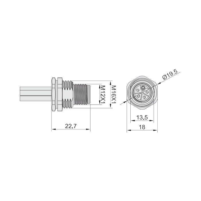 M12 5Pin L-coded、Male straight、Flange socket、Installation behind the board、Precast UL electronic wire、64LB21-XXX