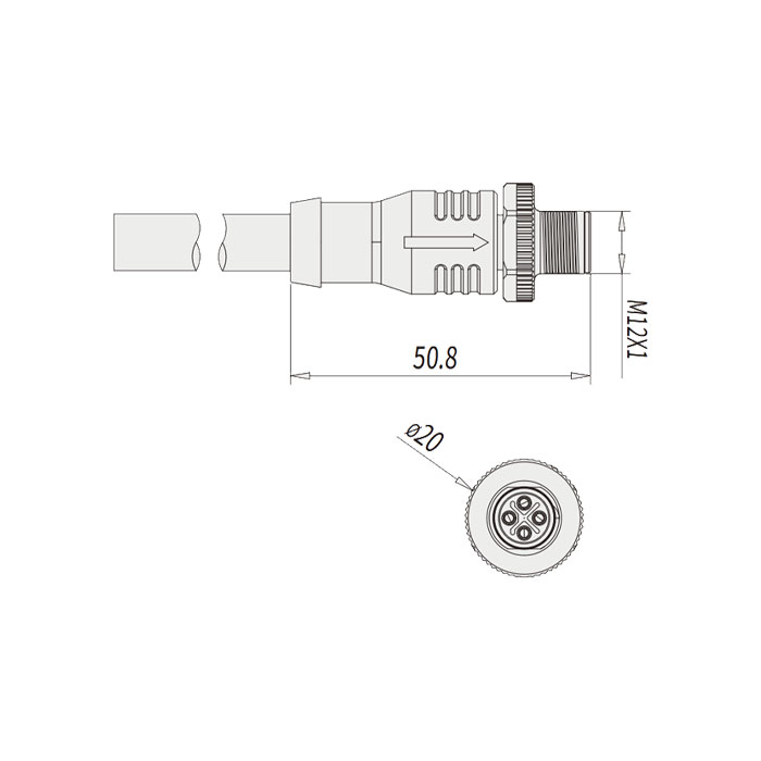 M12 4Pin S-coded、Male straight、Single-ended precast PUR flexible cable、Black sheath、64SP25-XXX