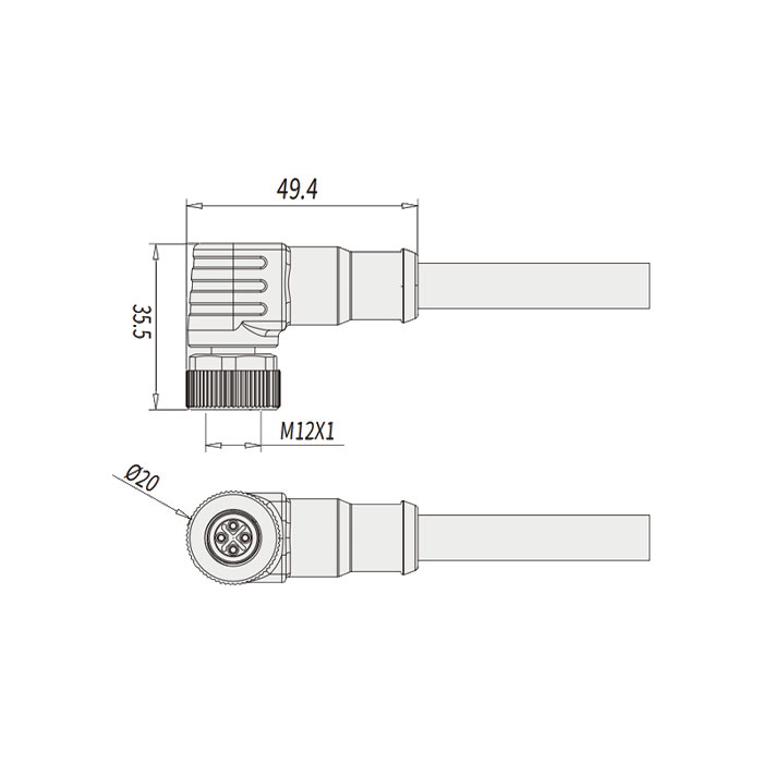 M12 4Pin S-coded、Female 90°、Single end pre cast PVC non flexible cable、Yellow sheathed、64SP43-XXX