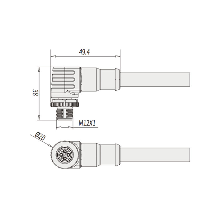 M12 4Pin S-coded、Male 90°、Single-ended precast PUR flexible cable、Black sheath、64SP65-XXX