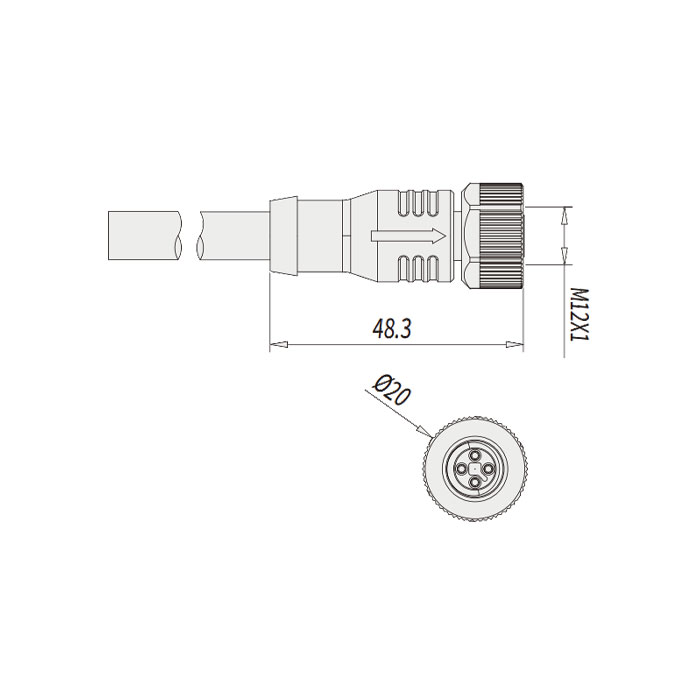 M12 4Pin T-coded、Female straight、Single-ended precast PUR flexible cable、Black sheath、64TP05-XXX